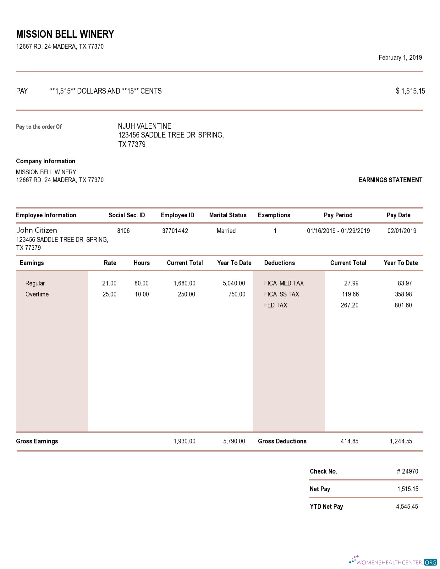 Download USA MISSION Bell Winery earning statement in word and PDF formats Photoshop template